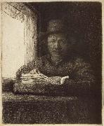 REMBRANDT Harmenszoon van Rijn Self-Portrait,Etching at a Window oil painting reproduction